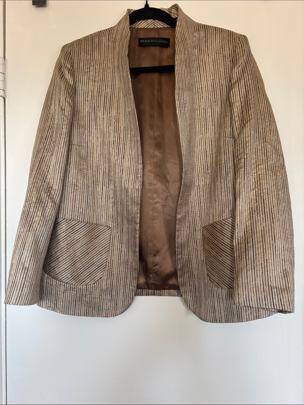 Dana Buchman Silk Metallic Taupe Striped Open-Front Blazer M